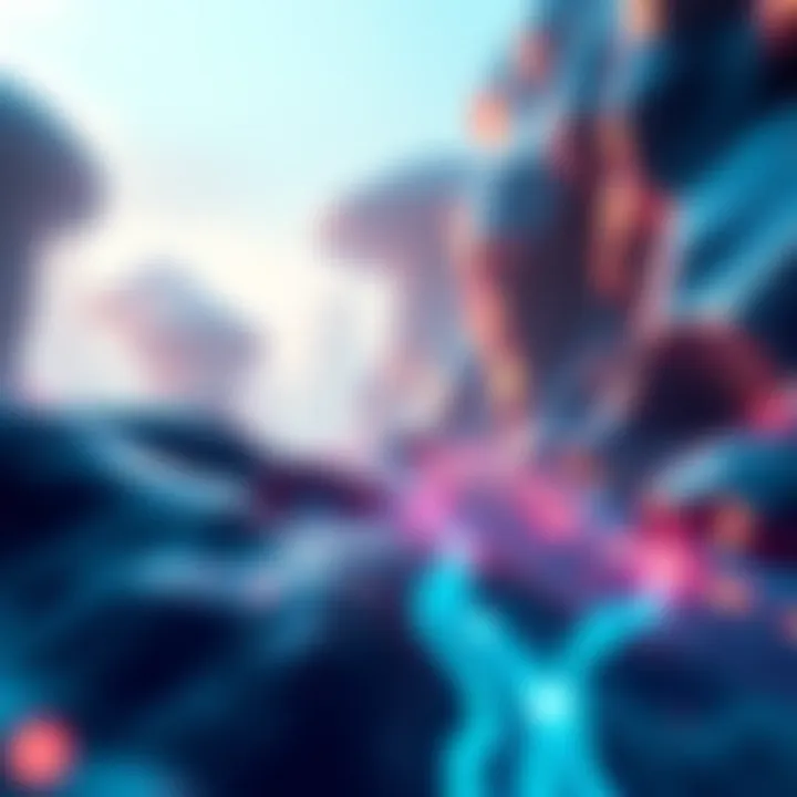 A futuristic digital landscape illustrating blockchain interactions