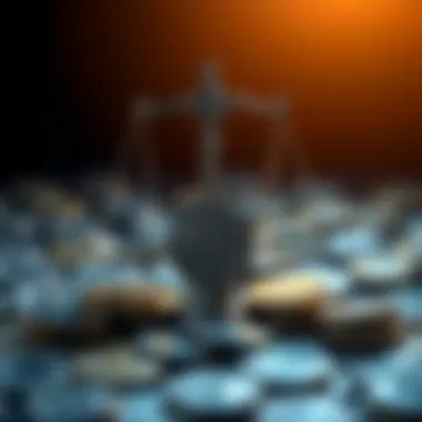 Justice in Cryptocurrency A conceptual image showing scales of justice balanced over digital coins.